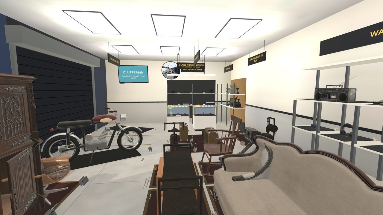 The big room next door with a motorcycle and furniture